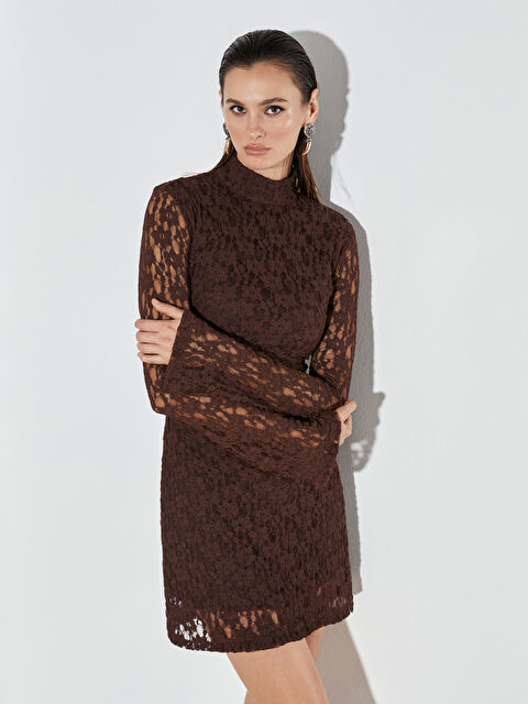 Soulife Dik Yaka Dantelli Büzgülü Mini Elbise	 - W5OP00Z8-J0W