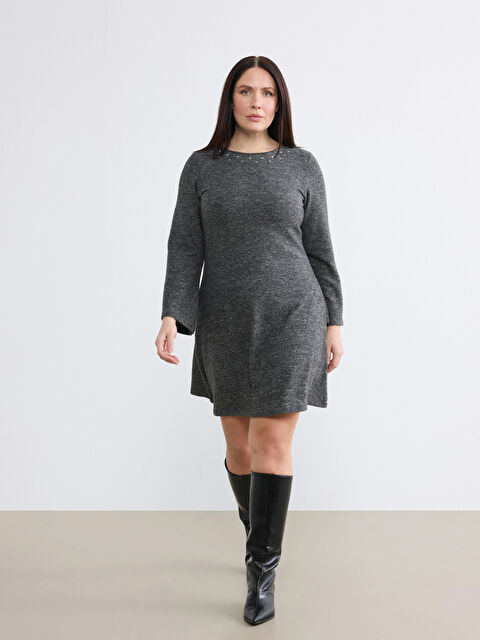 Soulife Büyük Beden Bisiklet Yaka Taşlı A Kesim Elbise - W5OP14Z8-CT3