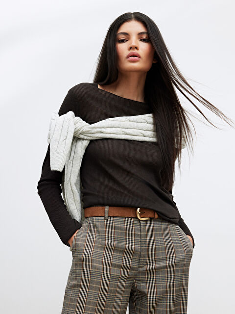 LCW Vision Fitilli Kayık Yaka Uzun Kollu Kadın Tişört - W5OQ17Z8-J0W