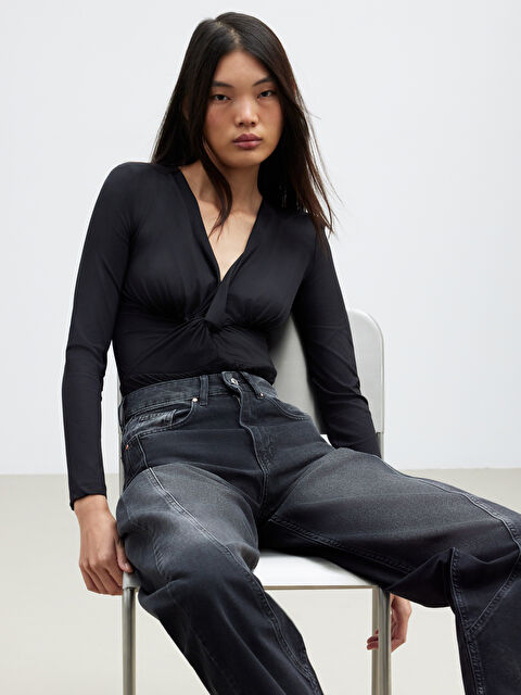 LCW Vision Kruvaze Yaka Büzgülü Bodysuit	 - W5OQ60Z8-CVL