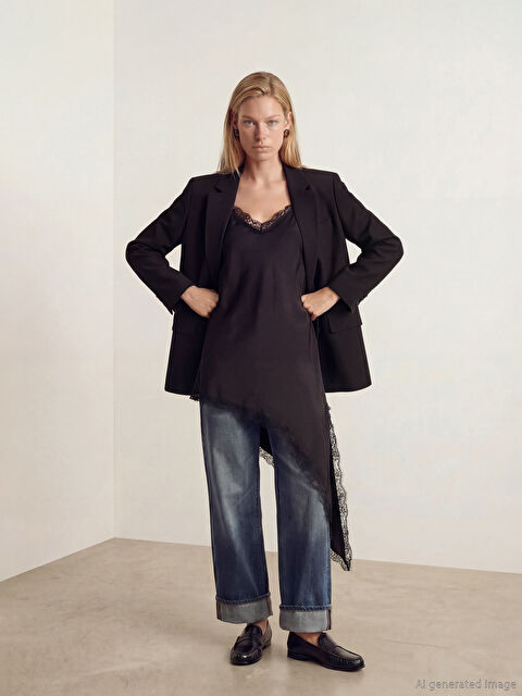 LCW Vision V Yaka Dantel Detaylı Saten Bluz - W5OR09Z8-CVL