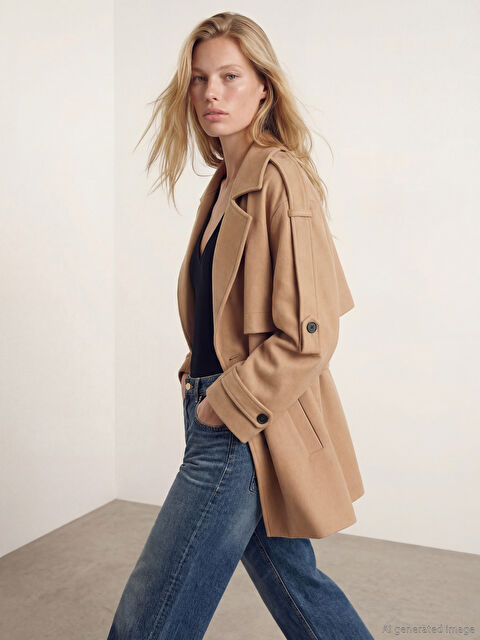 LCW Vision Kruvaze Yaka Oversize Kadın Kaşe Kaban	 - W5OR80Z8-CTX