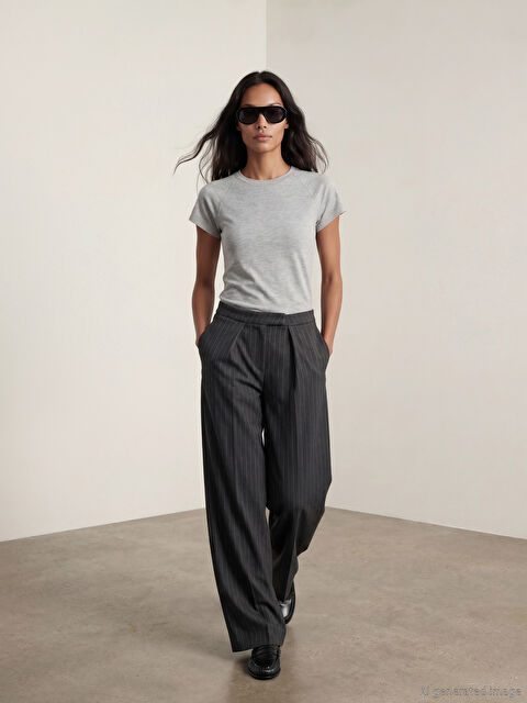 LCW Vision Loose Fit Çizgili Kadın Pileli Kumaş Pantolon - W5OS18Z8-LE0