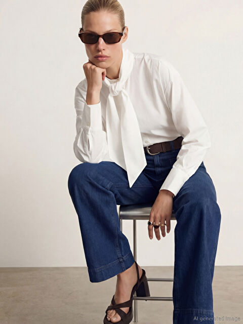 LCW Vision Bağlamalı Fular Yaka Poplin Kadın Gömlek - W5OS23Z8-Q6K