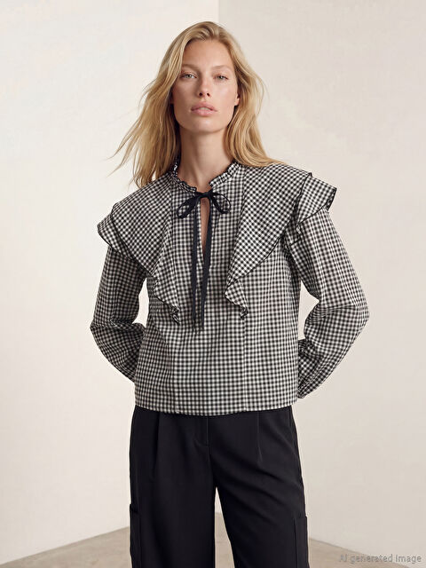 LCW Vision Bağlamalı Yaka Ekose Fırfırlı Bluz - W5OS76Z8-LKX