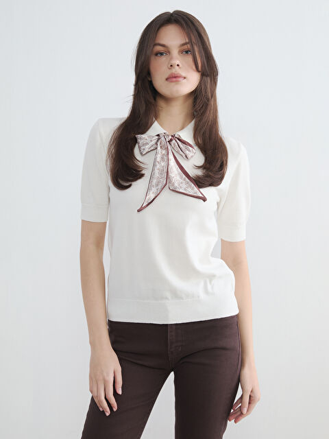 LCW Vision Polo Yaka Fular Detaylı Kadın Triko Kazak - W5OS91Z8-FDU