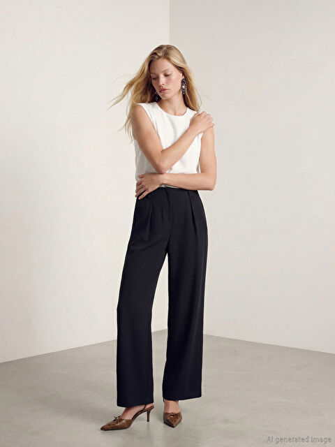 LCW Vision Yüksek Bel Geniş Paça Kadın Pileli Kumaş Pantolon - W5OT09Z8-CRP