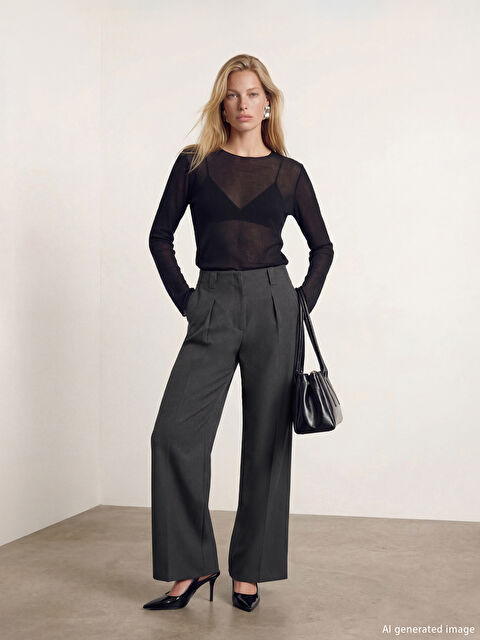 LCW Vision Yüksek Bel Geniş Paça Kadın Pileli Kumaş Pantolon - W5OT09Z8-CTH