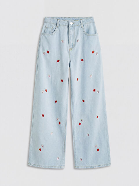 LCW Kids Wideleg Çilek Nakışlı Kız Çocuk Jean Pantolon
