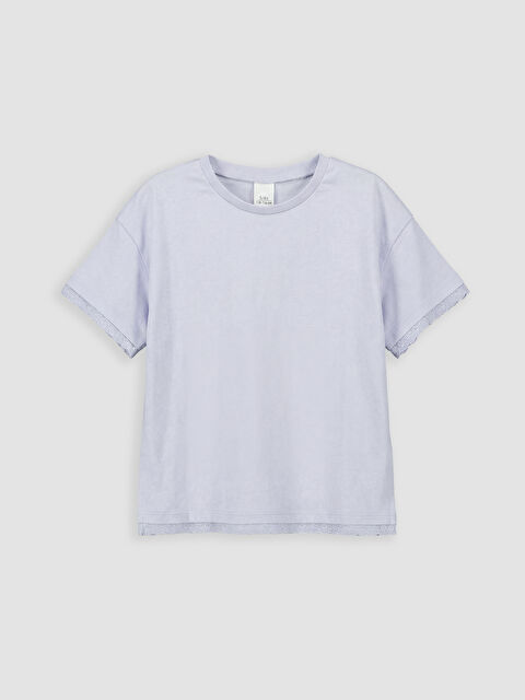 LCW Kids Bisiklet Yaka Dantel Detaylı Kız Çocuk Tişört