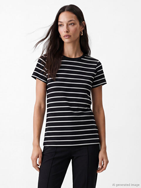 LCW EVERYDAY Bisiklet Yaka Çizgili Kadın Tişört
