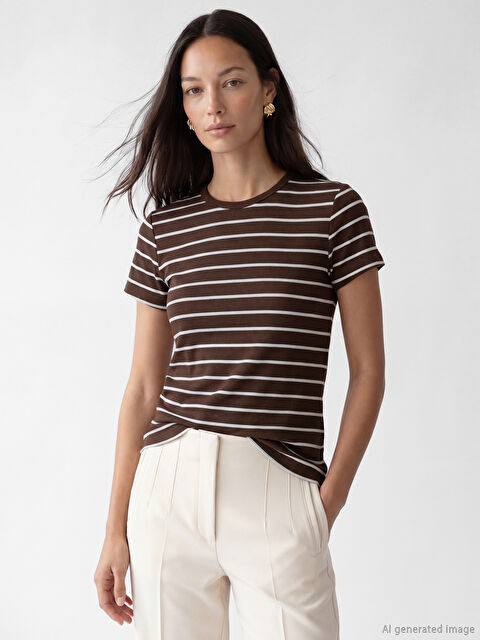 LCW EVERYDAY Bisiklet Yaka Çizgili Kadın Tişört