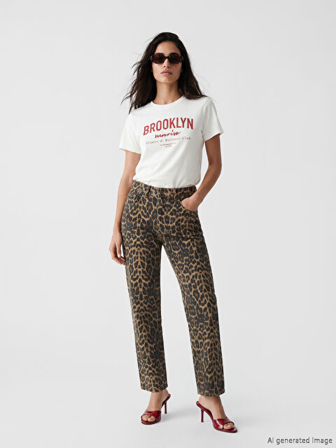 LCW Jeans Leopar Desenli Crop Straight Kadın Jean Pantolon