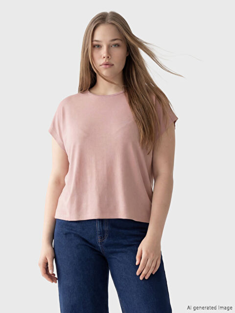 Soulife Büyük Beden Bisiklet Yaka Kadın Tişört