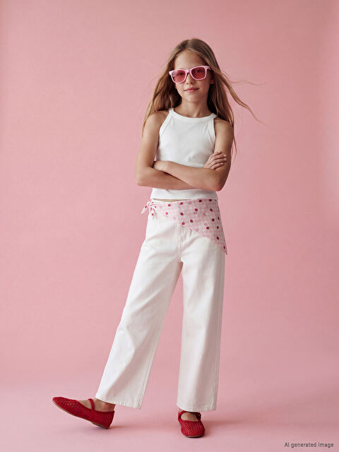 LCW Kids Çilek Nakışlı Kız Çocuk Jean Bermuda ve Bandana