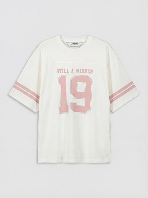 LCW Kids Bisiklet Yaka Baskılı Şeritli Kız Çocuk Tişört