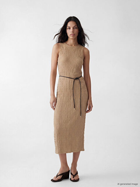 LCW Vision Bisiklet Yaka Kemerli Dokulu Elbise