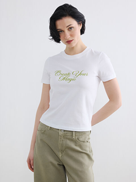 LCW Vision Bisiklet Yaka Baskılı Kadın Tişört