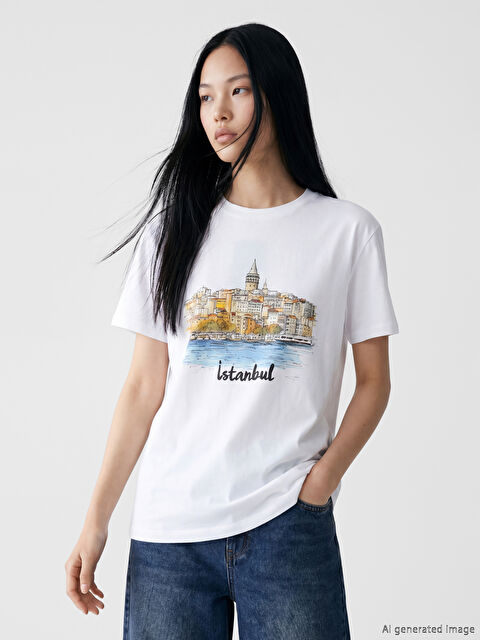 XSIDE Bisiklet Yaka İstanbul Baskılı Kadın Tişört
