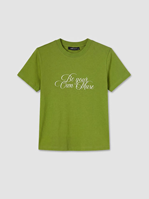 LCW Vision Bisiklet Yaka Slogan Baskılı Kadın Tişört