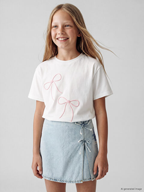 LCW Kids Bisiklet Yaka Fiyonk Nakışlı Kız Çocuk Tişört