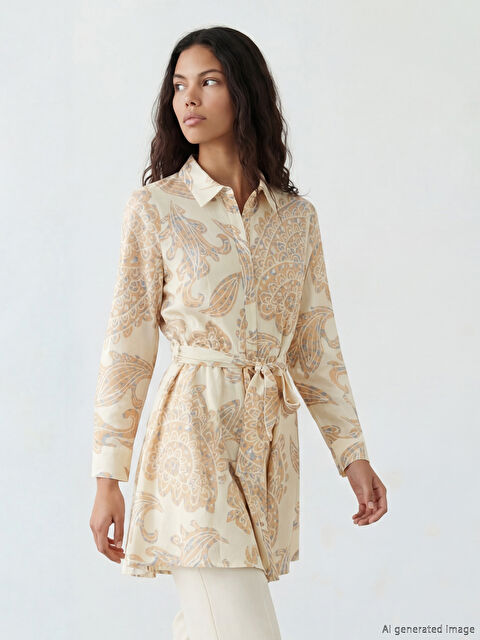 LCW Comfort Desenli Beli Kuşaklı Kadın Gömlek Tunik