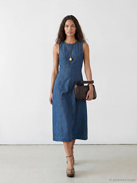 LCW Modest Bisiklet Yaka Belden Oturtmalı Jean Elbise