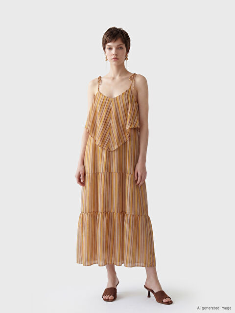 LCW Vision İp Askılı Çizgili Fırfırlı Katkat Elbise