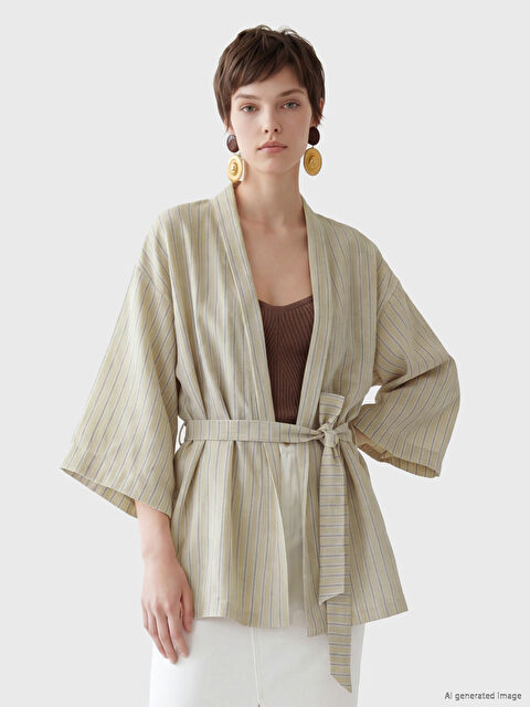 Soulife Şal Yaka Keten Görünümlü Kadın Kimono