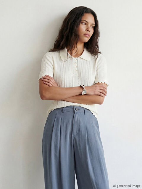 LCW Modest Polo Yaka Ajurlu Kadın Triko Kazak