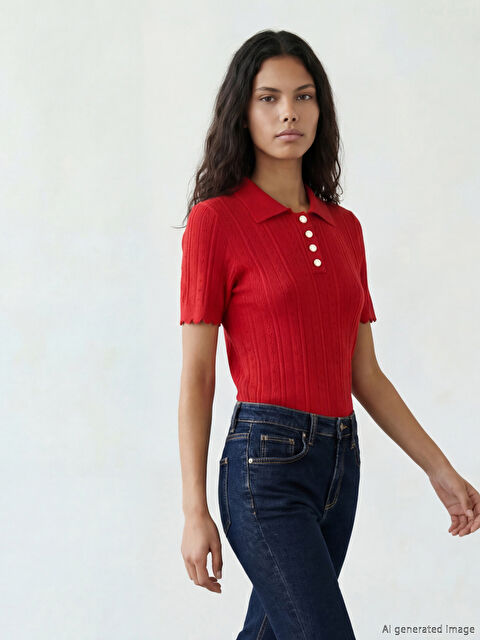 LCW Modest Polo Yaka Ajurlu Kadın Triko Kazak