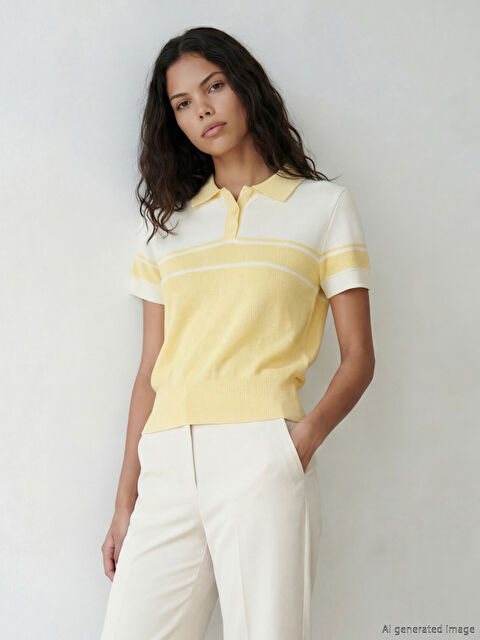 LCW Modest Polo Yaka Çizgili Kadın Triko Kazak