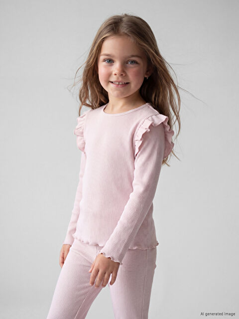 LCW Kids Bisiklet Yaka Fırfırlı Kız Çocuk Tişört