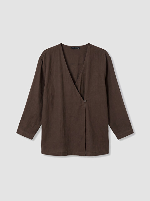 LCW Modest Kahverengi Kruvaze Yaka Kadın Keten Kimono - S6Y823Z8