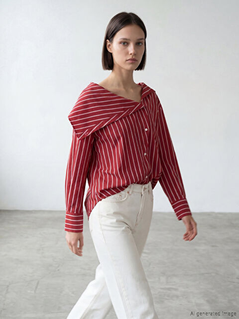 LCW Comfort Asimetrik Yaka Çizgili Kadın Gömlek