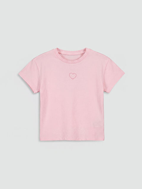 LCW Kids Bisiklet Yaka Nakışlı Kısa Kollu Kız Çocuk Tişört