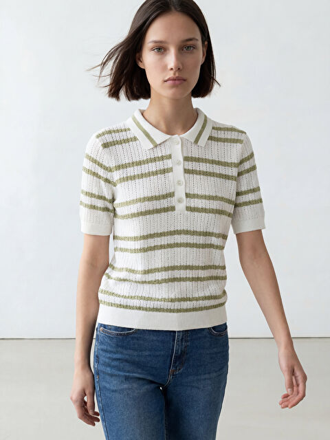 LCW Comfort Polo Yaka Çizgili Kadın Triko Kazak