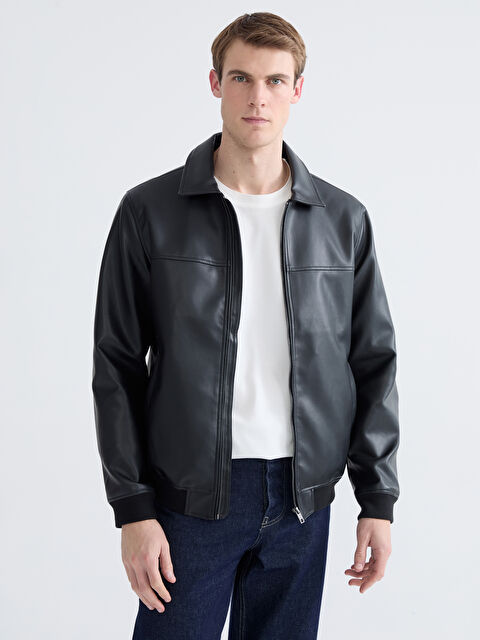 LCWAIKIKI Classic Collared Neck Men's Faux Leather Jacket - S61359Z8-HHJ