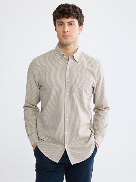 LCWAIKIKI Classic Regular Fit Çizgili Keten Görünümlü Erkek Gömlek - S61569Z8-LEW
