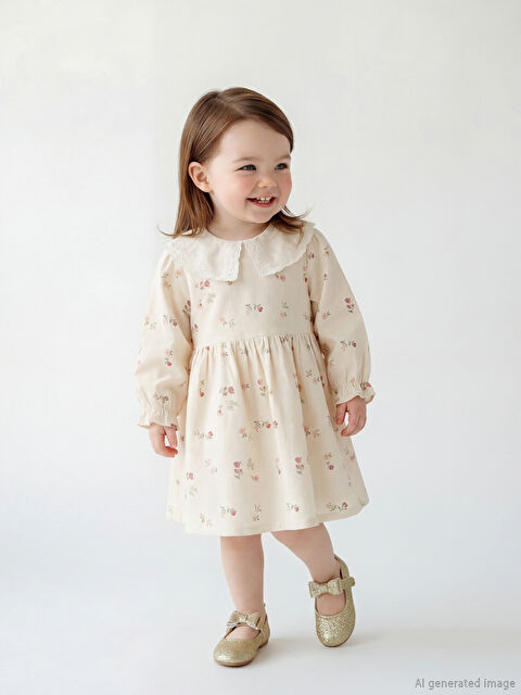 LCW baby Bebe Yaka Çiçek Desenli Kız Bebek Gabardin Elbise