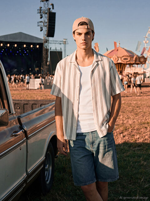 XSIDE Regular Fit Resort Yaka Çizgili Erkek Gömlek