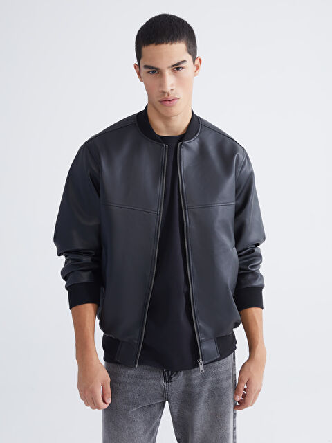 XSIDE Standart Kalıp Kolej Yaka Erkek Deri Görünümlü Mont - S63940Z8-CVL