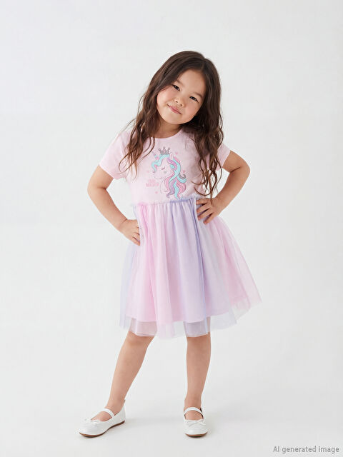 LCW Kids Bisiklet Yaka Baskılı Kız Çocuk Prenses Elbisesi - S64113Z1-QWM