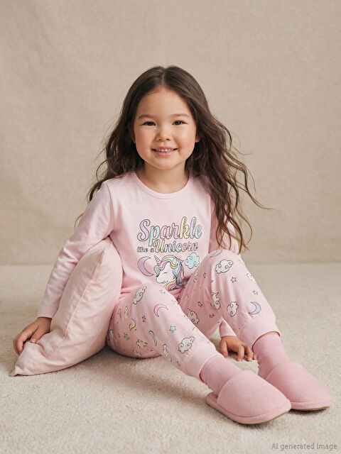LCW Kids Bisiklet Yaka Baskılı Kız Çocuk Pijama Takım - S64141Z1-QVT