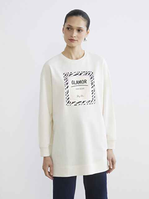 LCW Modest Printed crew neck women's sweatshirt tunic. - S64394Z8-FDW