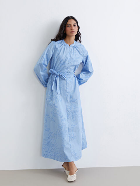 LCW Modest Embroidered Poplin Dress with a Mandarin Collar - S64955Z8-YZP
