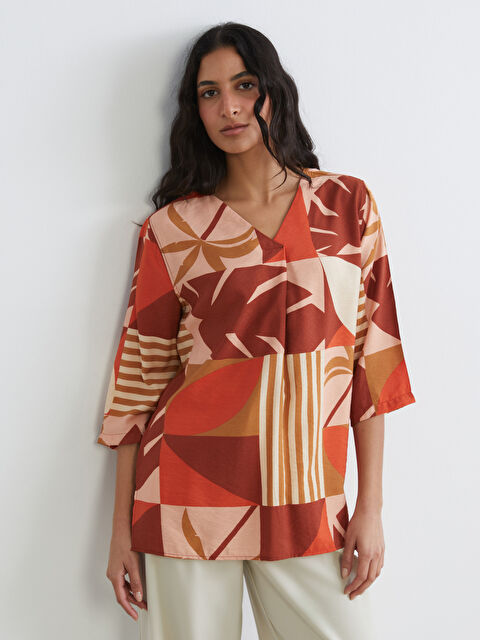 LCW Modest V-Neck Patterned Oversized Blouse