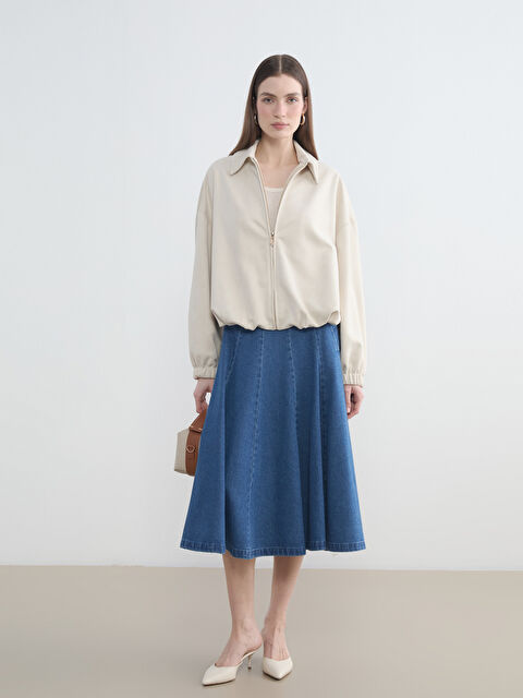LCW Modest High Waisted Zippered Flared Denim Skirt