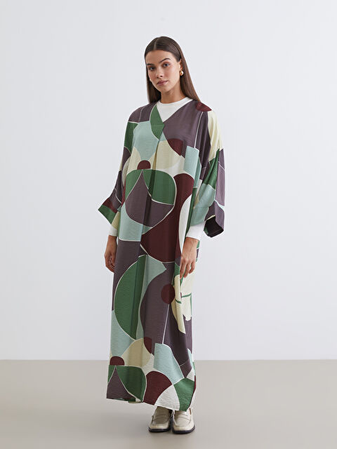 LCW Modest V Neck Patterned A Line Oversize Dress