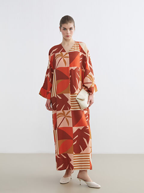 LCW Modest V-Neck Patterned Long Dress - S65080Z8-LSR